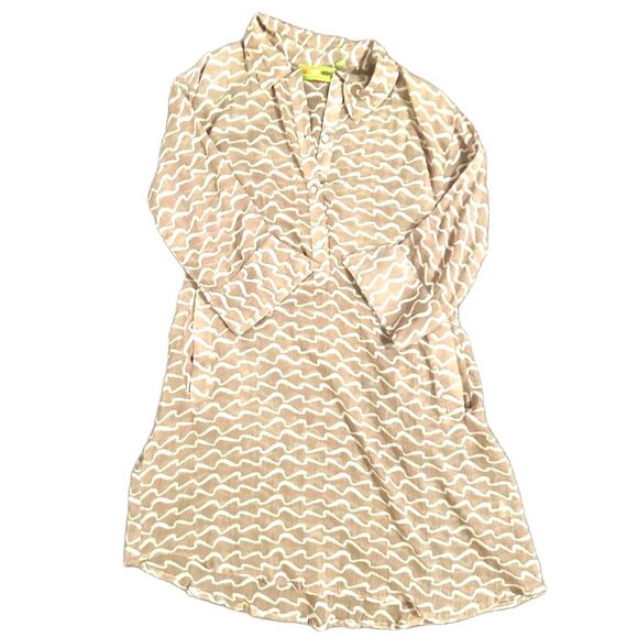 Rock Flower Paper Collared Dress 100% Cotton Womens Large Tan ECO Beach Tunic - Picture 3 of 6